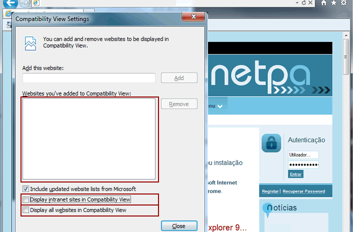 Popup de Configuração do Modo de Compatibilidade